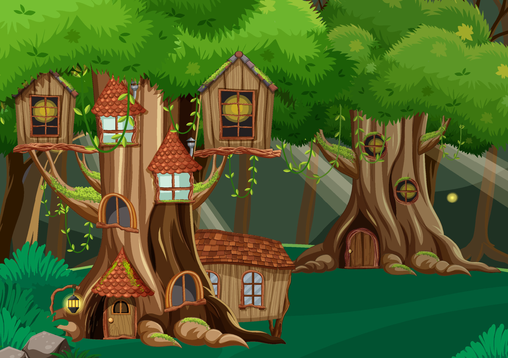Fantasy Tree House In The Forest Vector Art At Vecteezy