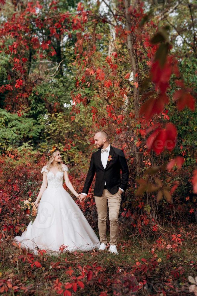 paseo de la novia y el novio por el bosque de otoño foto