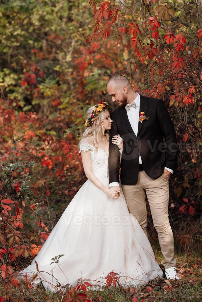 paseo de la novia y el novio por el bosque de otoño foto