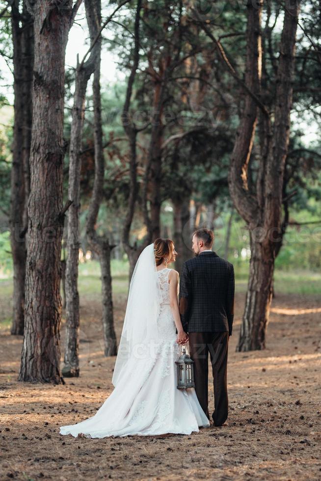 walk of the bride and groom through the autumn forest photo