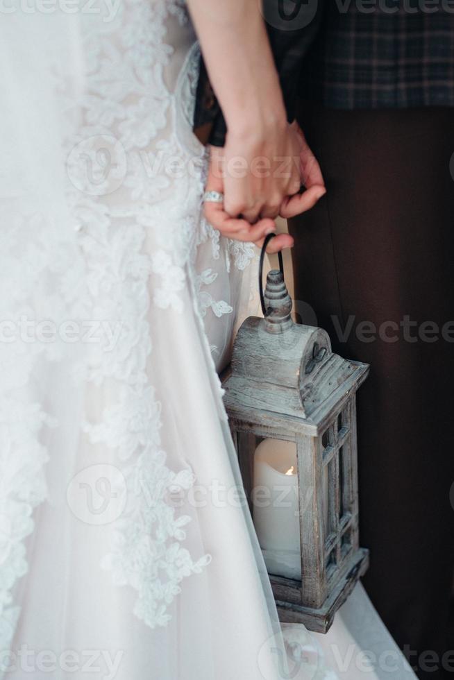 walk of the bride and groom through the autumn forest photo