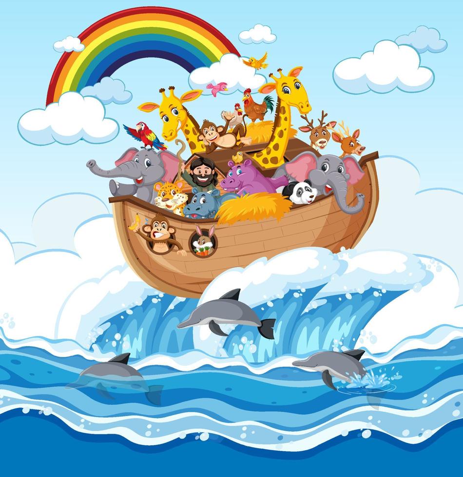 Animals on Noah's ark floating in the ocean scene vector