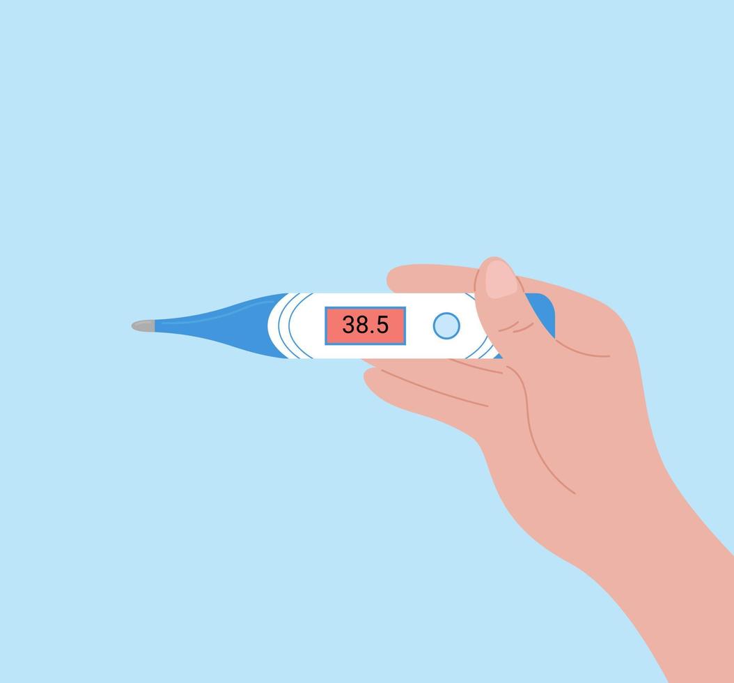Hand holds thermometer. Electronic device shows high body temperature. Person got sick and has fever. Vector top view flat illustration