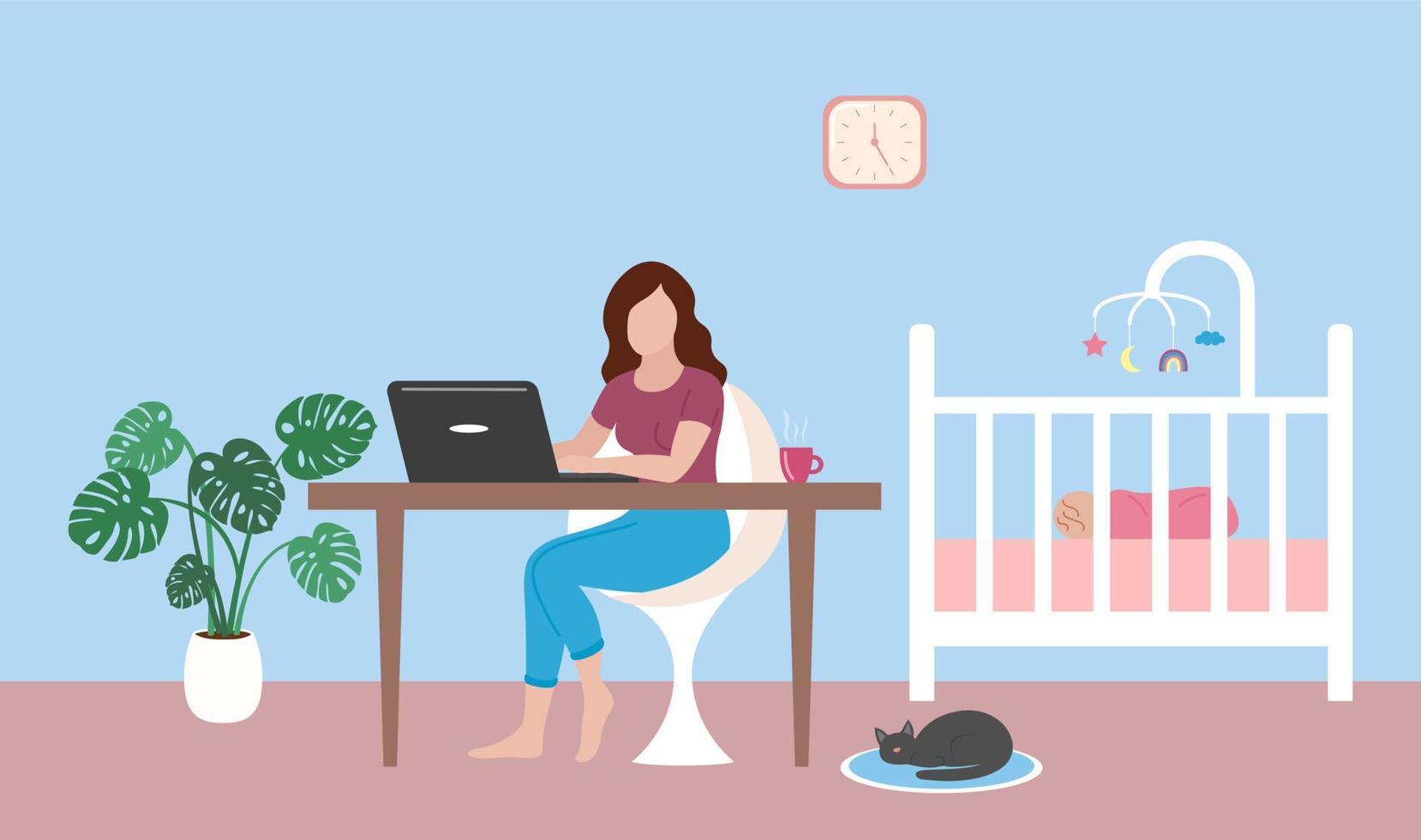 mamá trabaja en casa de forma remota con una computadora portátil. bebé durmiendo en la cuna. mujer joven trabajando y sentado a la mesa. vector ilustración plana