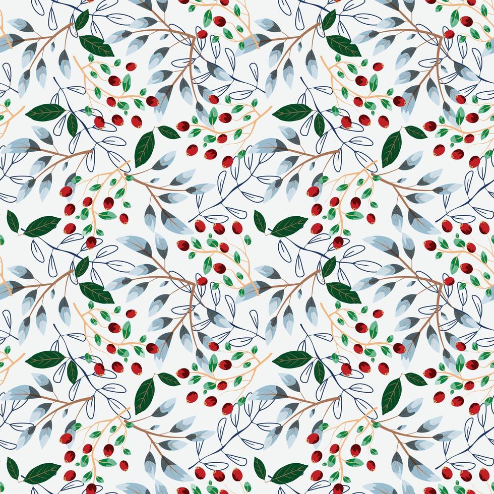 Leave pattern with berries. Winter seamless pattern with berries and branches. For textile, paper, wallpaper, packaging. Vector pattern.