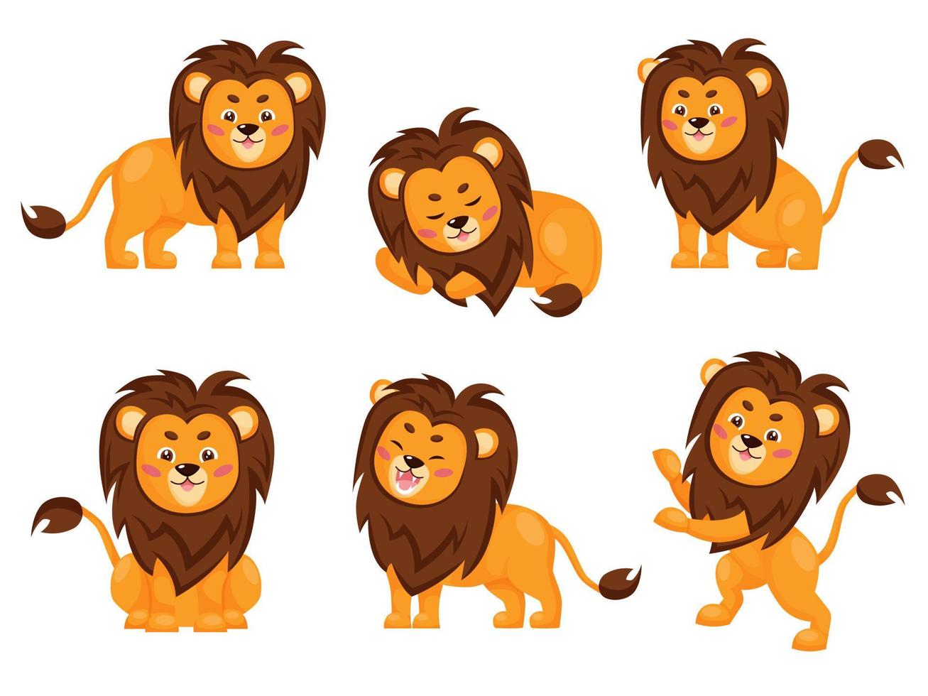 Set of cute lions in different poses. Collection of cartoon lions isolated on white background. Flat vector illustration