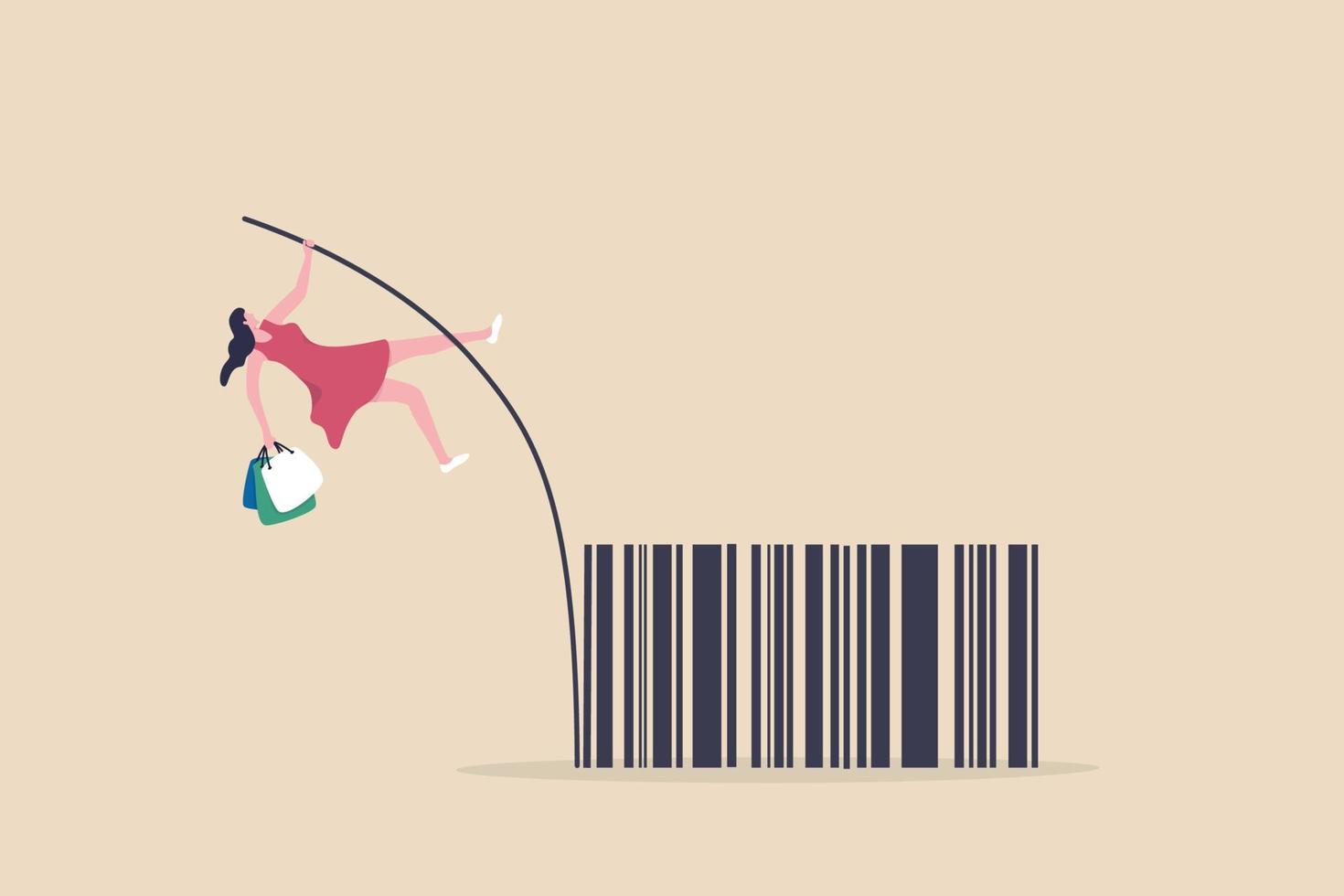 Consumer shopping habit, spending or consumerism, e-commerce or online purchase, marketing and promotion or retail concept, happy woman customer holding shopping bag pole vault jump over shop barcode. vector
