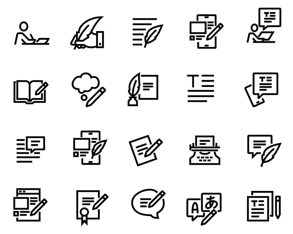 Simple Set of Text Related Vector Line Icons. Contains such Icons as Write Review, Creative Article Writing, Internet Content Editing, and more. Editable color. 5000 x 4000 Pixel Perfect.