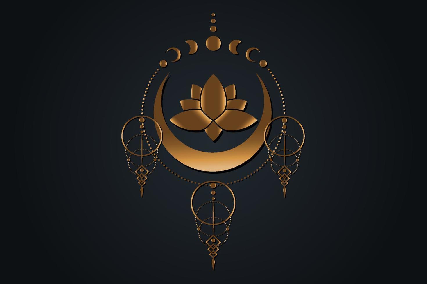 flor de loto de oro y luna, geometría sagrada, símbolo de la diosa wicca pagana de media luna. Fases de la luna antiguo signo de banner wicca dorado, círculo de energía, vector de estilo boho aislado sobre fondo negro