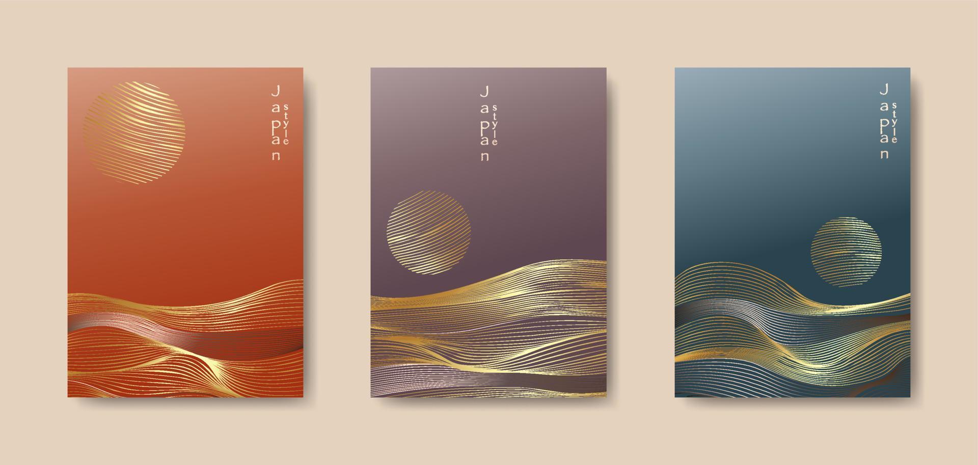 Japanese landscape background set cards gold line wave pattern vector illustration. Colorful luxury Abstract template geometric wavy texture. Mountain layout design in oriental style vertical brochure