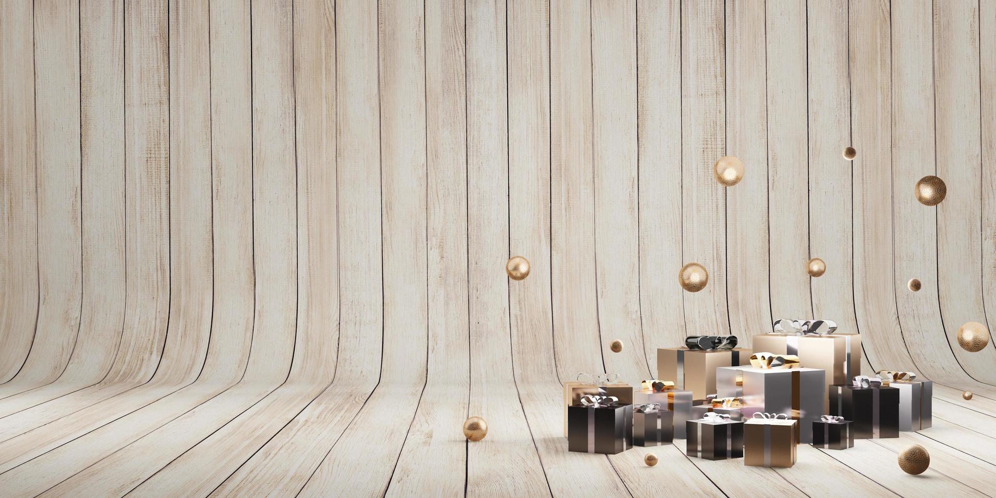 natural wood grain background New Year  and Christmas with gift box photo
