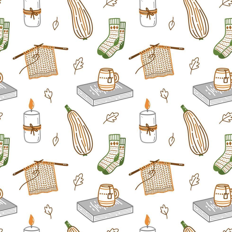 Seamless pattern with autumn elements - cute socks, candles, zucchini, books with cups of tea. Vector hand-drawn illustration in doodle style. Perfect for holiday designs, wrapping paper, decorations.