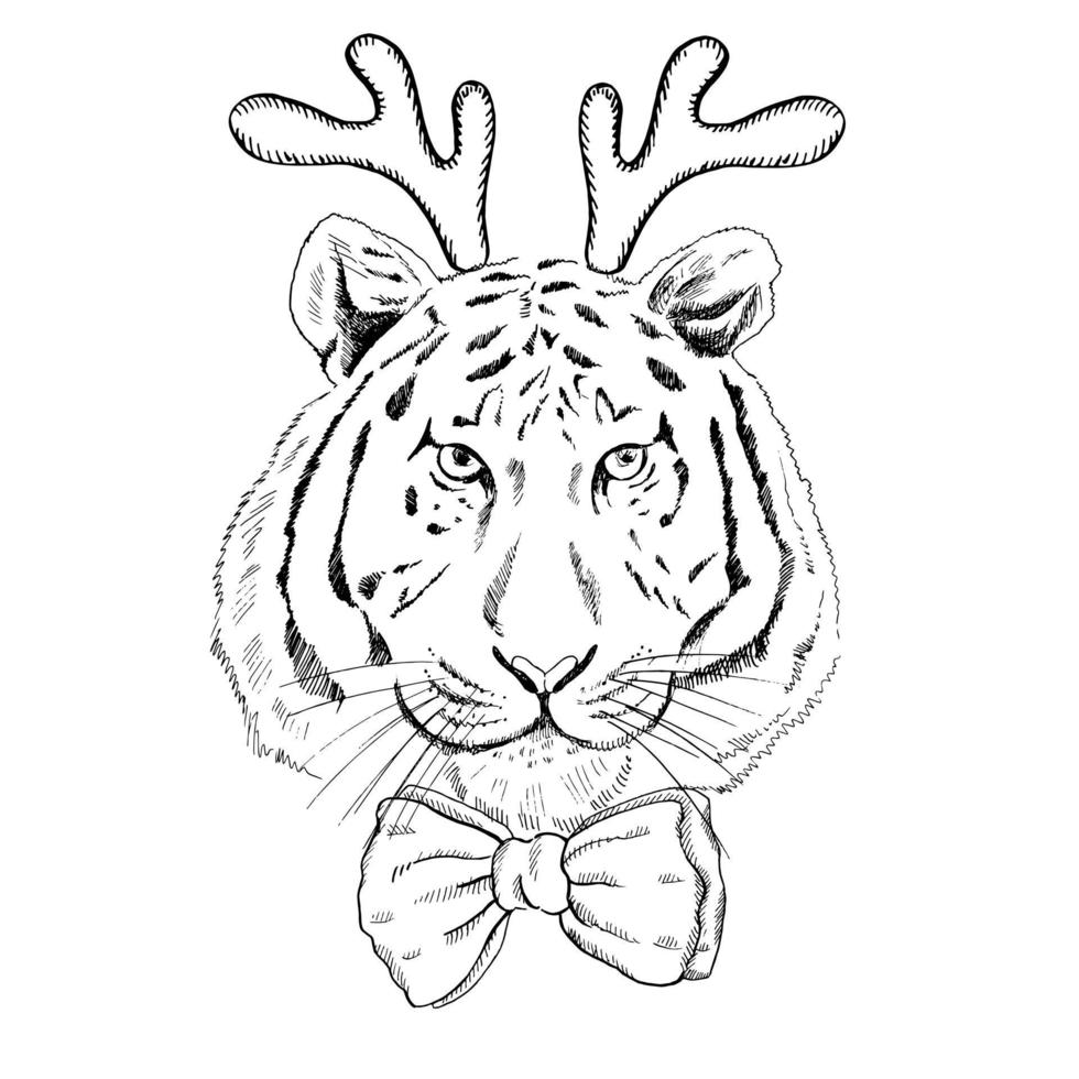 Retrato dibujado a mano de un tigre de año nuevo con cuernos de ciervo y una pajarita alrededor del cuello. ilustración vectorial. boceto de línea vintage. ilustración de navidad. vector