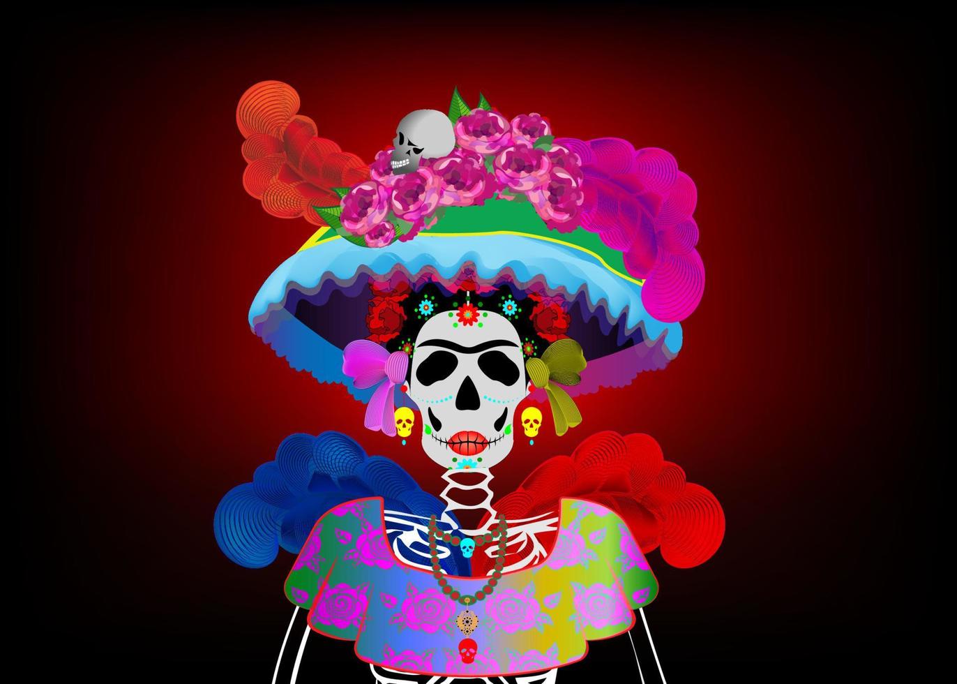 Day of the dead, Dia de los muertos, sugar skull, Mexican fiesta party, woman catrina calavera skull in marigold flowers wreath, vector isoalted on dark red background