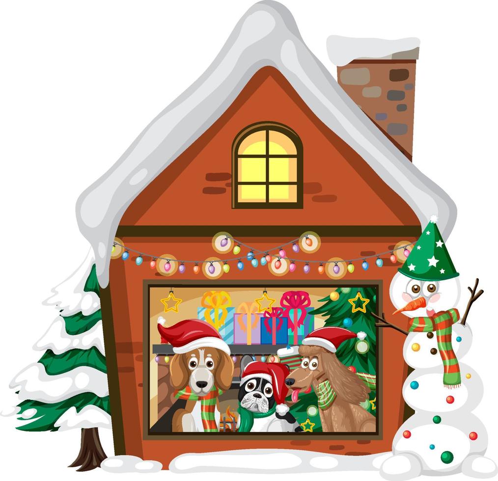 Dogs live in winter house in Christmas theme vector