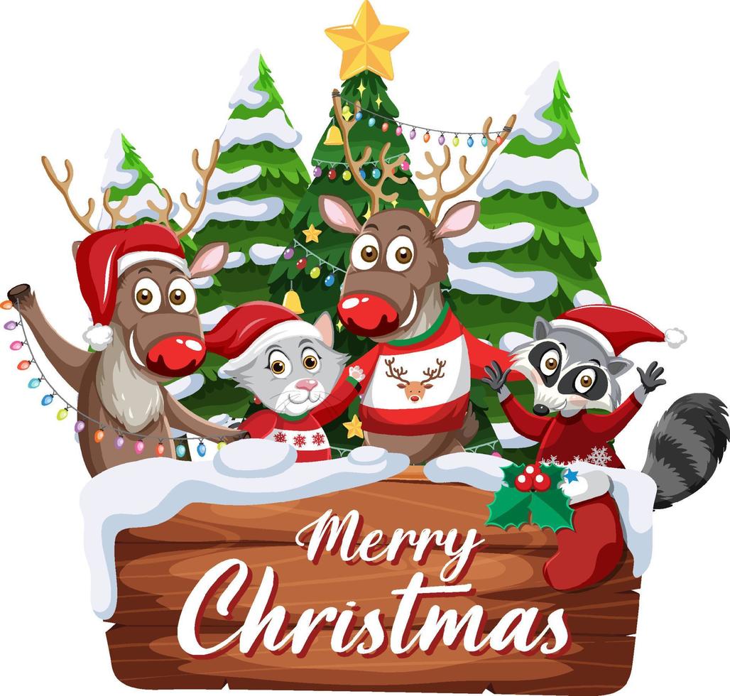 banner de feliz navidad con renos y animales personaje de dibujos animados vector