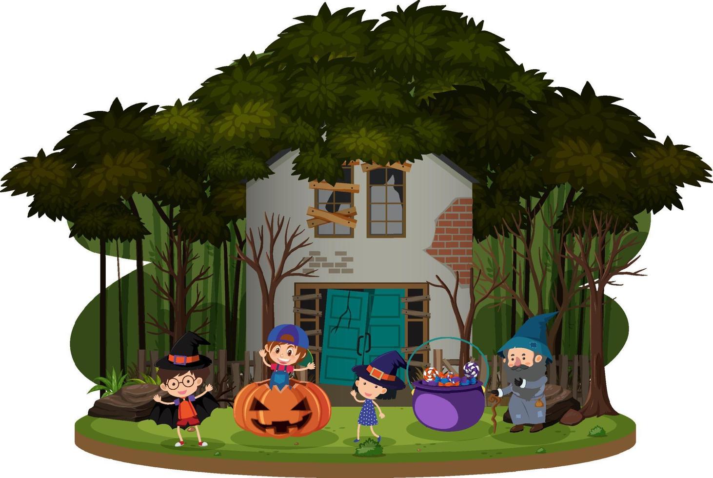 Children celebrate halloween in front of old house vector