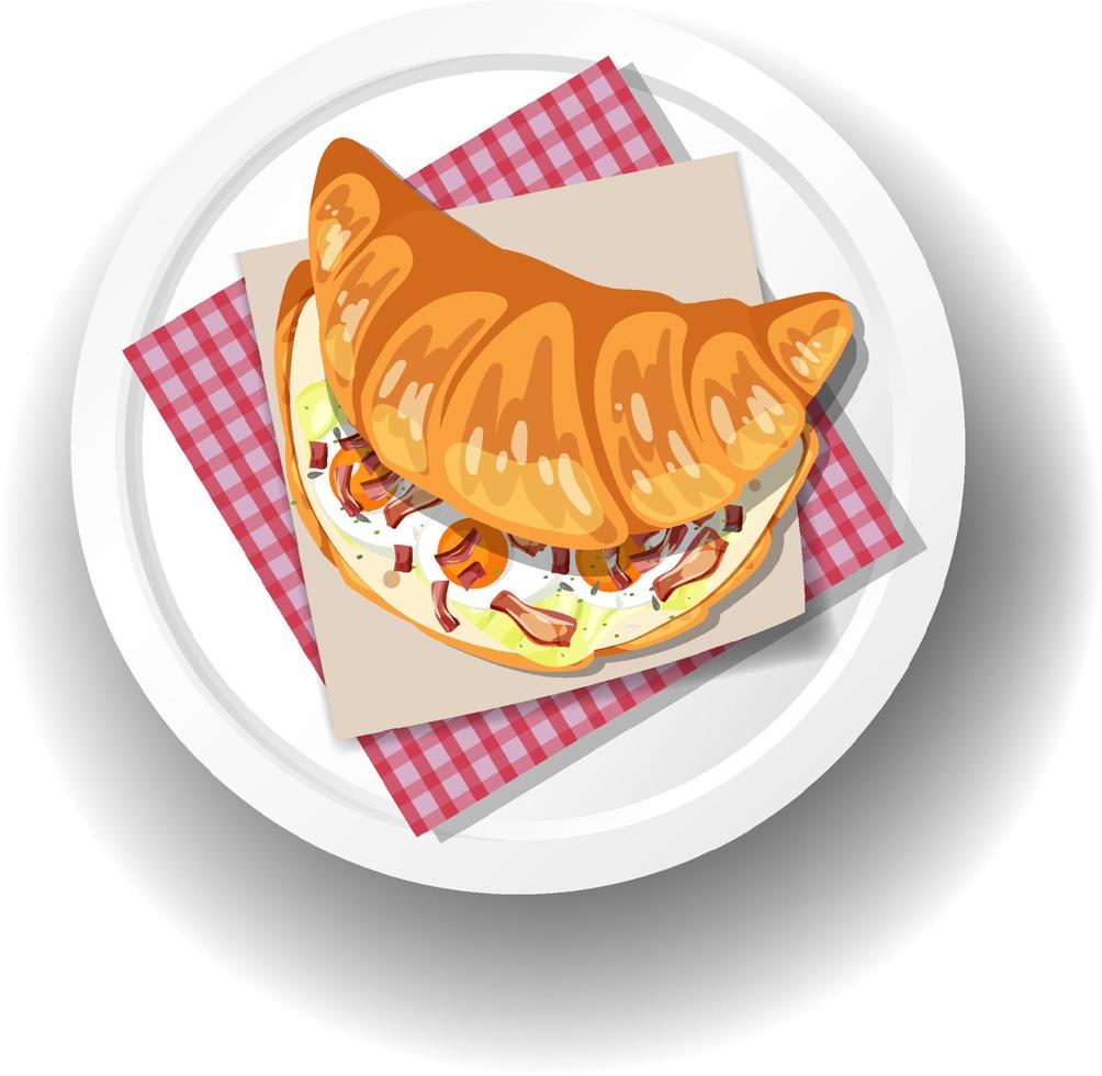 Breakfast croissant sandwich on white plate vector