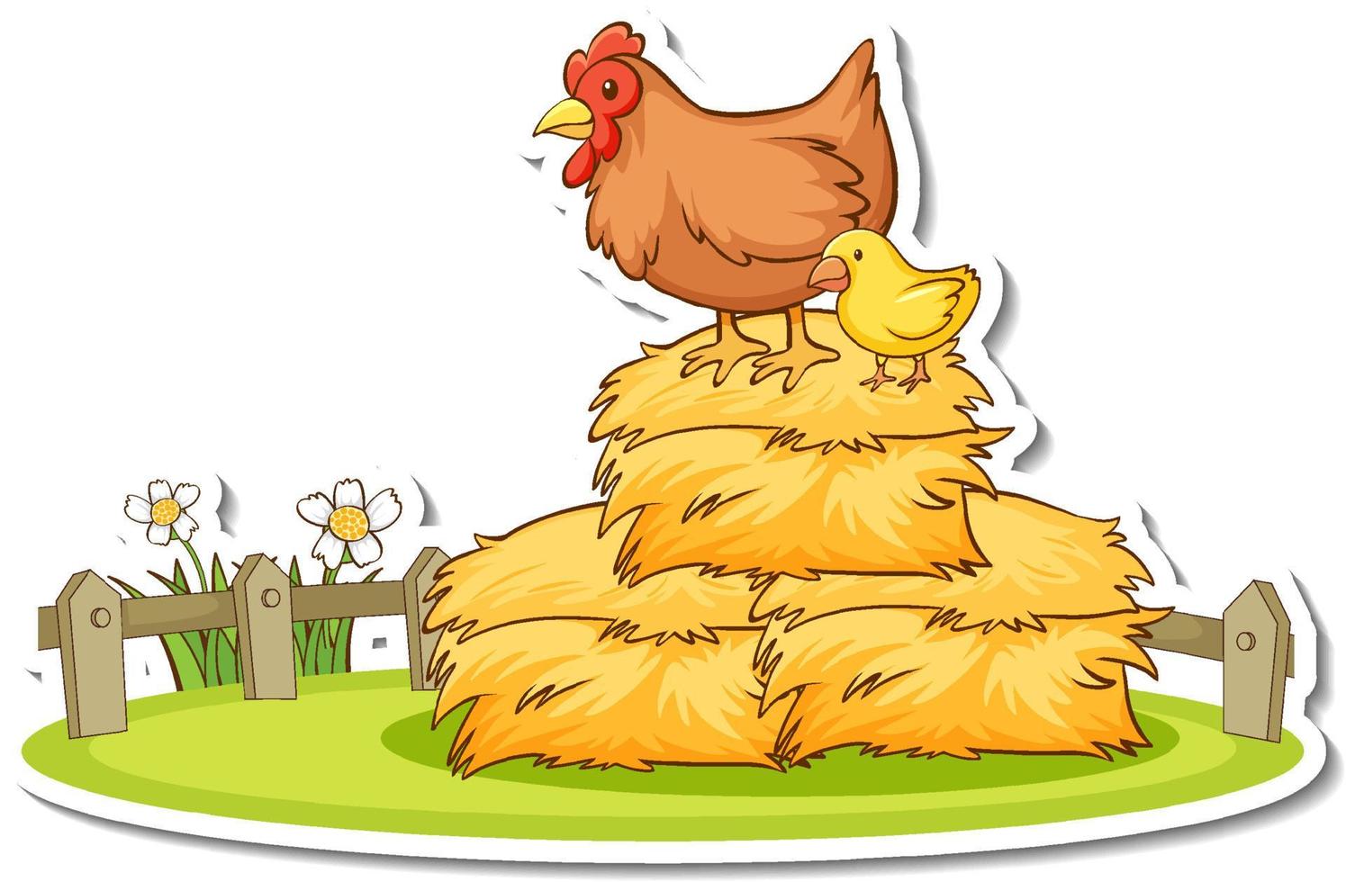 Hen with little chick standing on haystack sticker vector