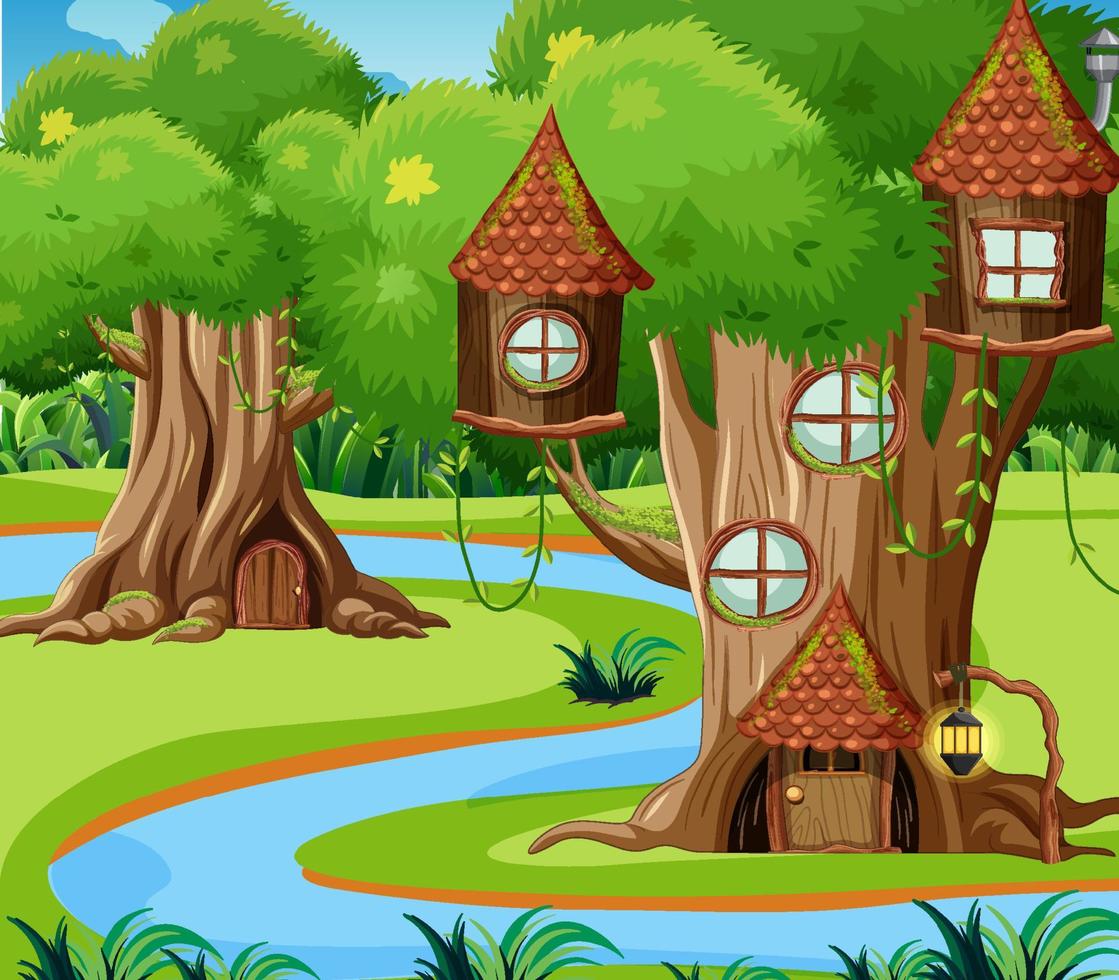 Fantasy forest background with tree houses 3843752 Vector Art at Vecteezy