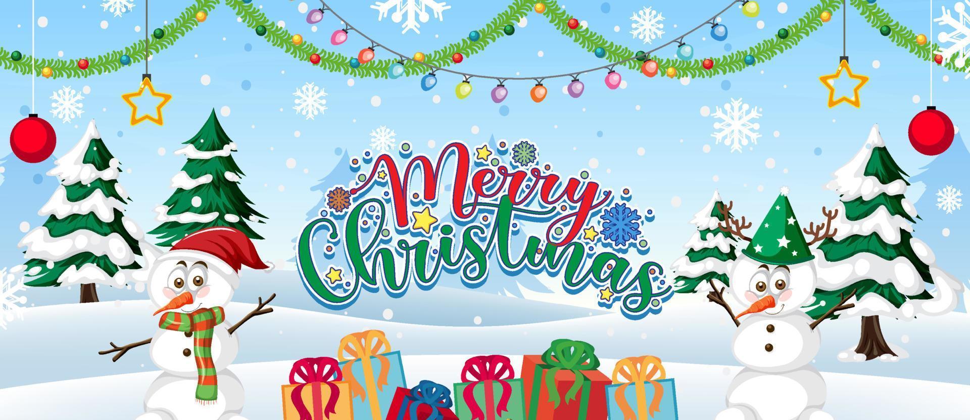 Merry Christmas text logo with snowman gift boxes on snow background vector