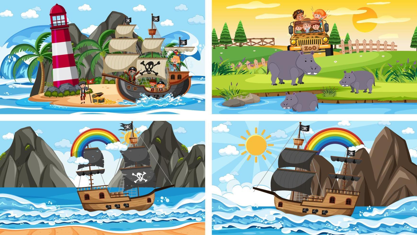 Set of different beach scenes with pirate ship vector