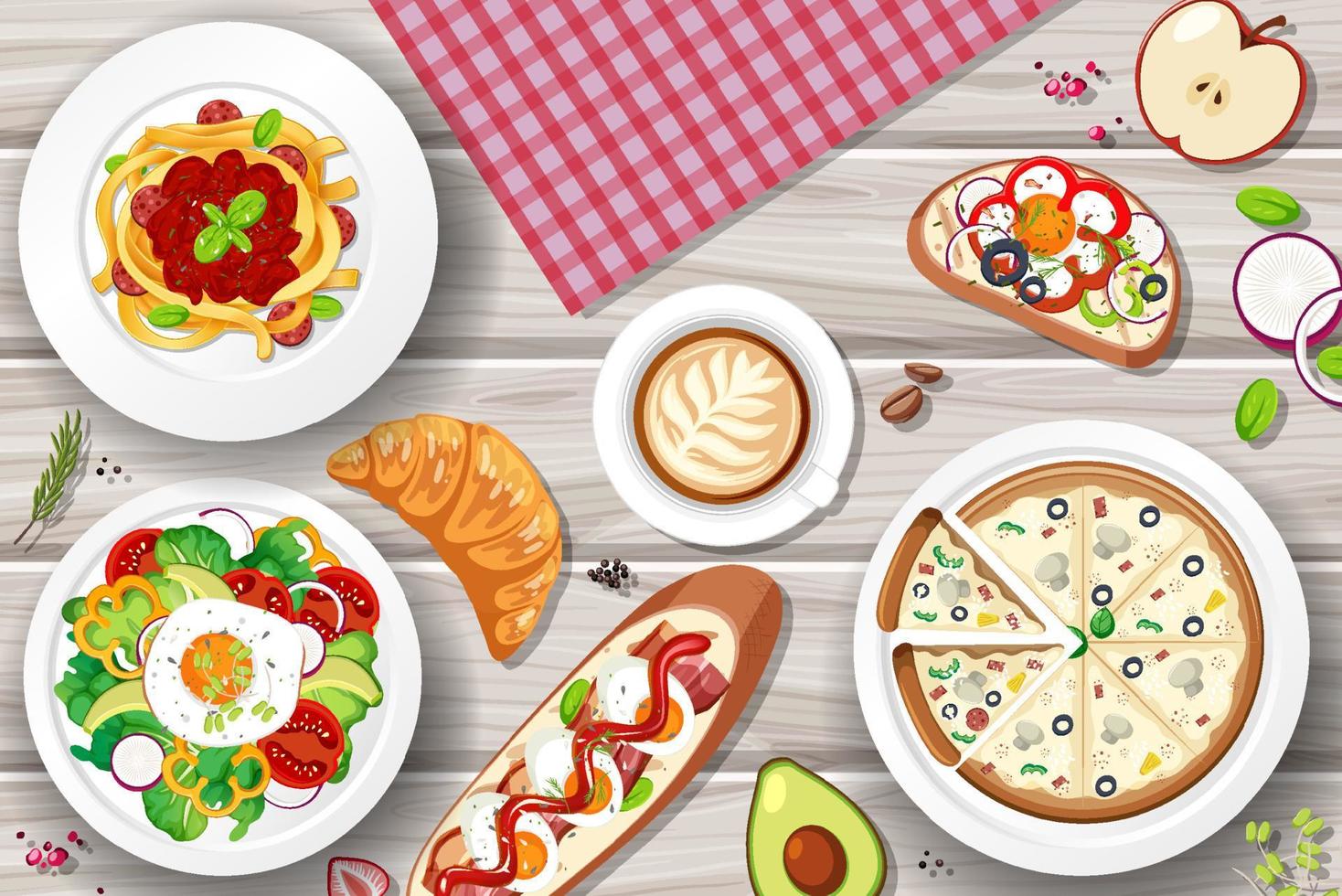 Different plates of food on the table vector