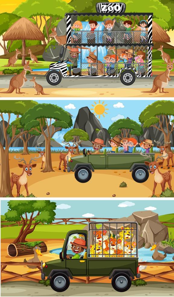 Conjunto de diferentes escenas horizontales de safari con personajes de dibujos animados de animales y niños vector