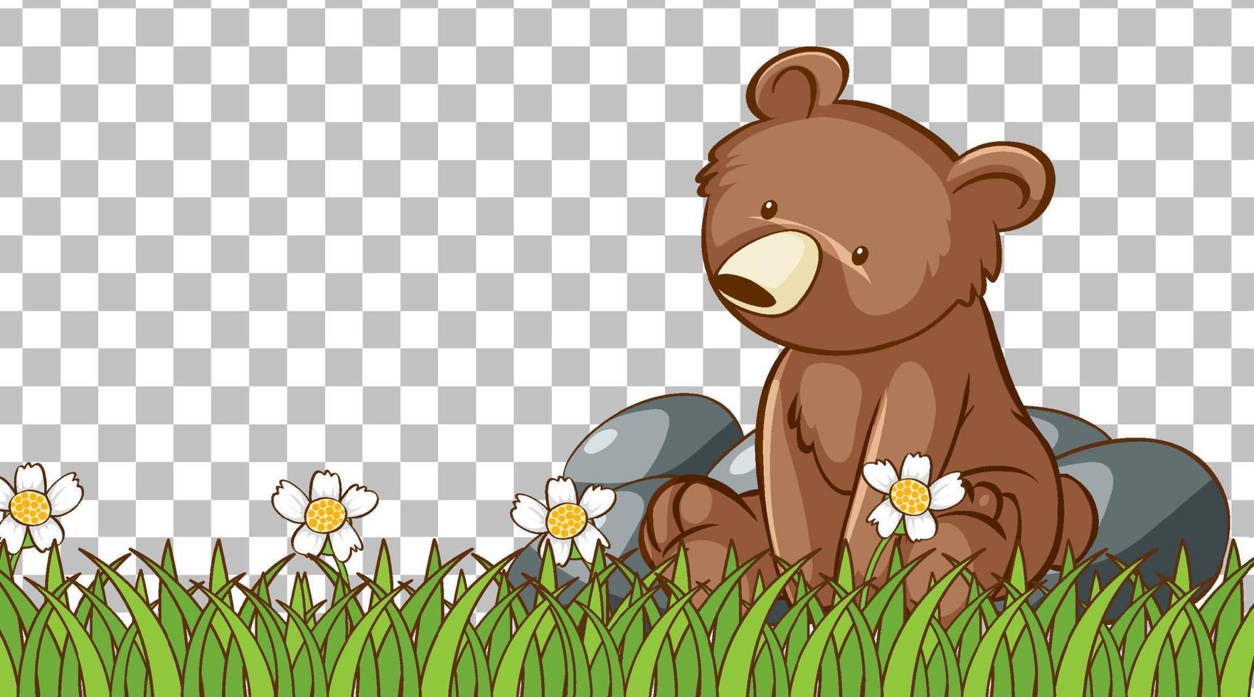 oso sentado en el campo de hierba en el fondo de la cuadrícula vector