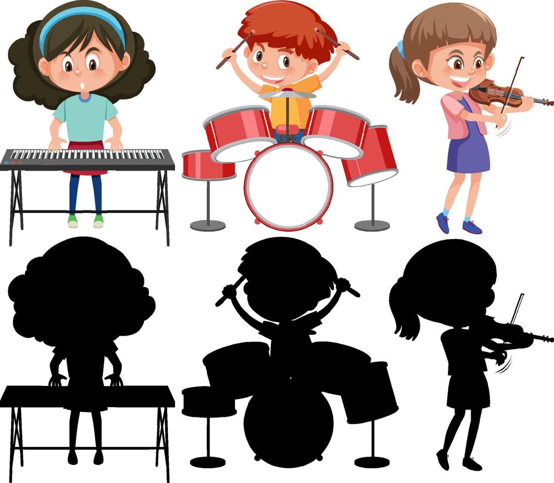 Set of different kids playing musical instruments with silhouette vector
