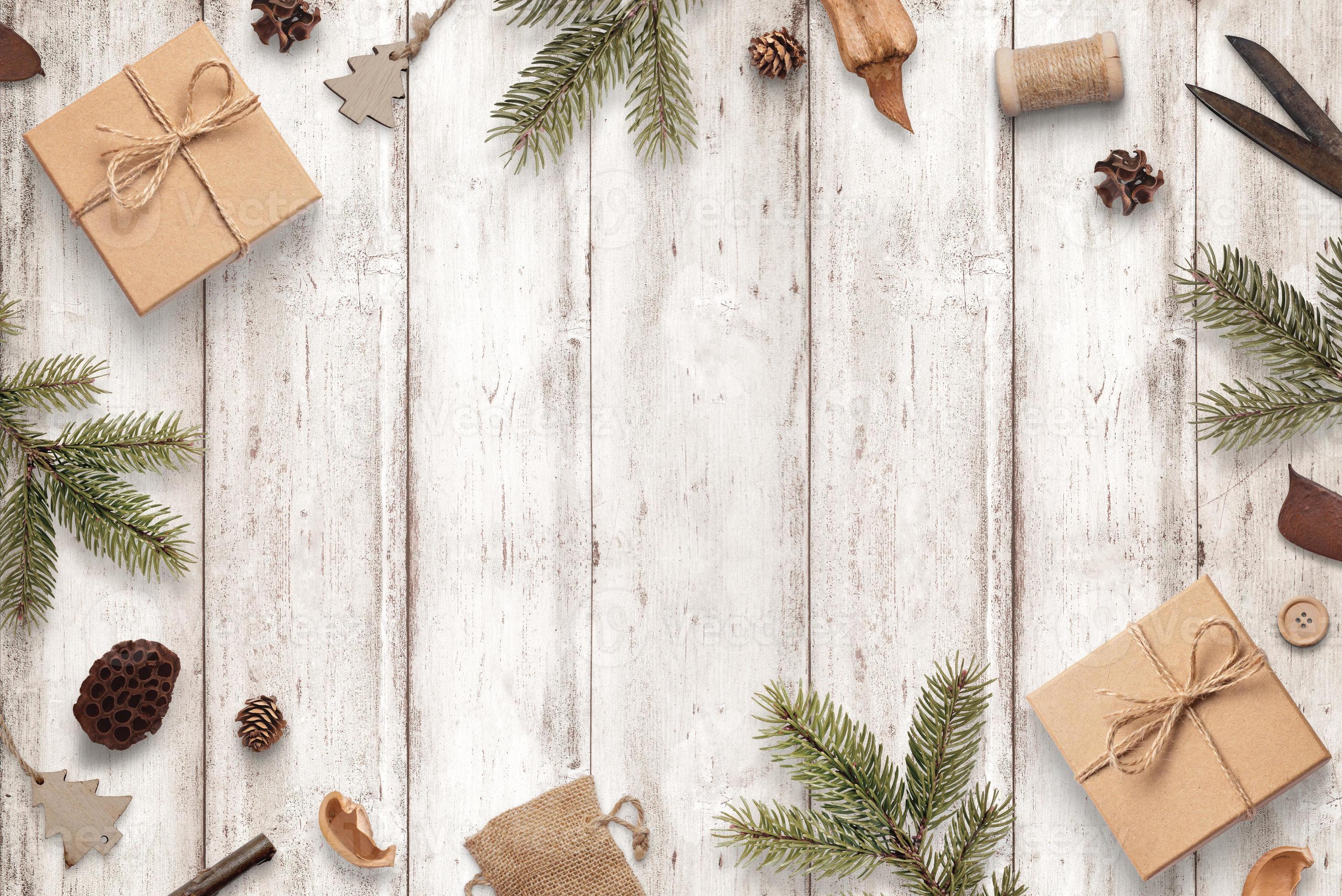 Rustic Christmas composition on white wooden Top view, flat lay scene with copy space in middle 3850216 Stock Photo at Vecteezy