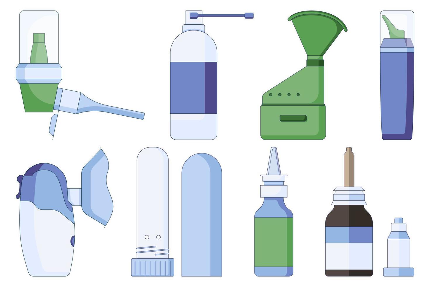 conjunto de iconos de gotas nasales y aerosoles. para los resfriados, la gripe, la tos en la nariz en un estilo plano aislado en un fondo blanco. vector