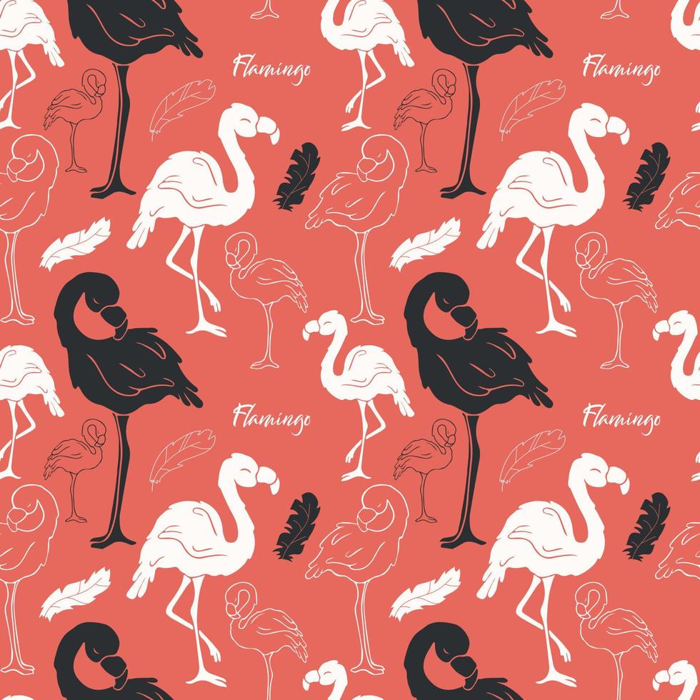 Seamless pattern. Vector .Flamingos. Doodle. Contour bird. Contour. Pink flamingo. Red background. Colorful birds. Words