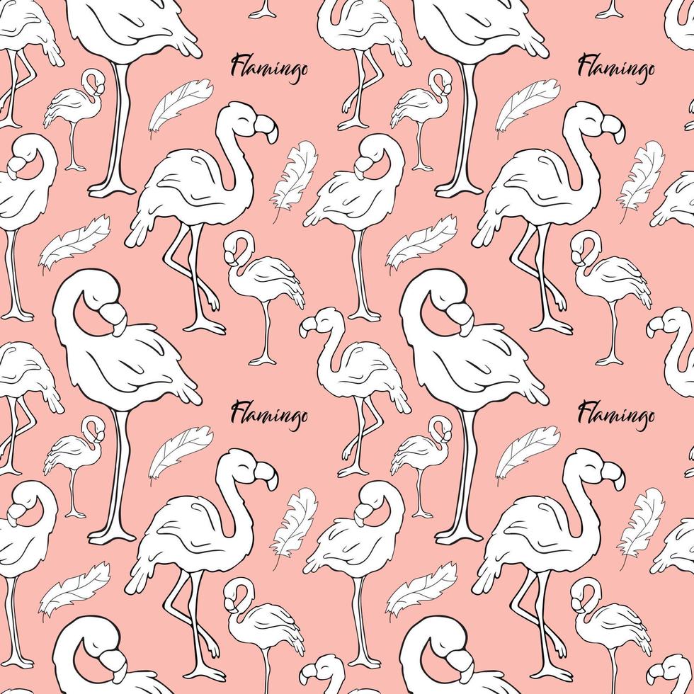 Seamless pattern. Flamingos. Doodle. Contour bird. Contour. Pink flamingo. Words vector