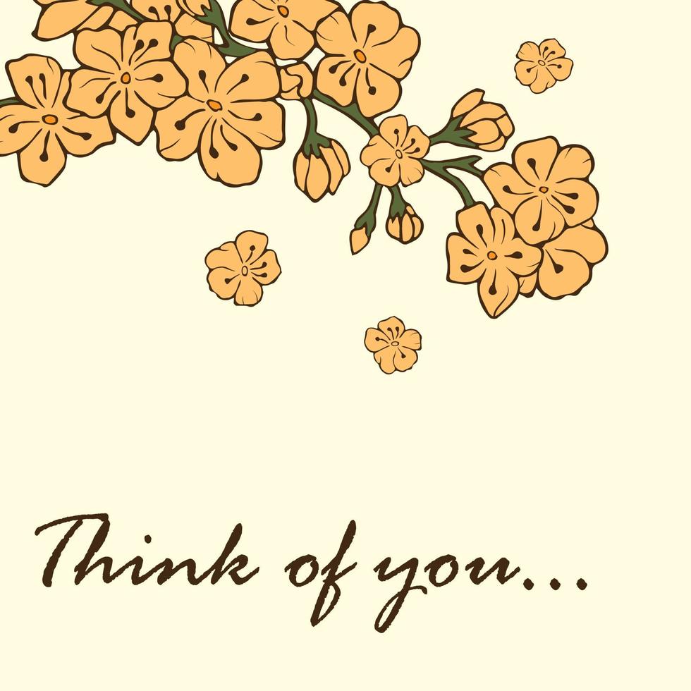 Cherry blossoms on a branch. Vector illustration. Contour image. Stock vector. Sakura. Yellow flowers. Postcard. Think of you. Yellow background.