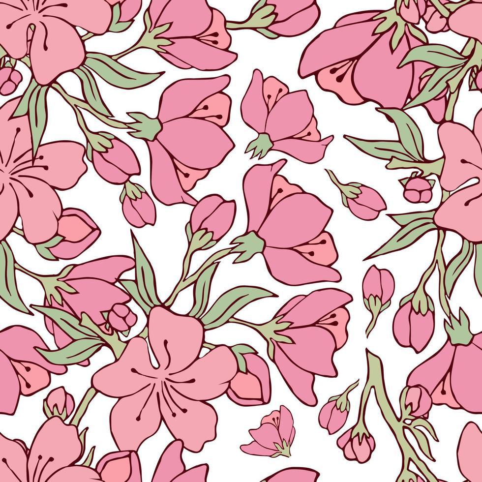 fondo transparente con flores de cerezo. ilustración vectorial. imagen de contorno. vector stock. cereza. estampado floral. Fondo blanco. rosado.