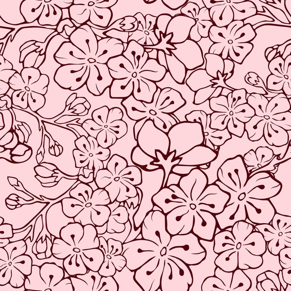 Seamless background with cherry blossoms. Vector illustration. Contour image. Stock vector. Cherry. Pink background