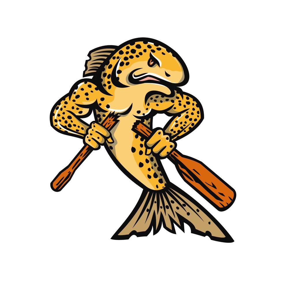 Brown Trout Salmo Trutta or Salmon Breaking an Oar or Paddle Cartoon Mascot Color vector