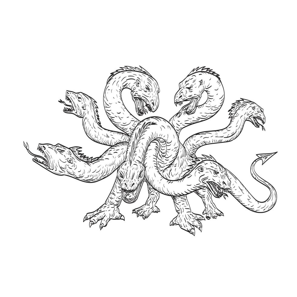 Herensuge a Mythical Dragon in Basque Mythology with Seven Heads in the Form of a Serpent Drawing vector