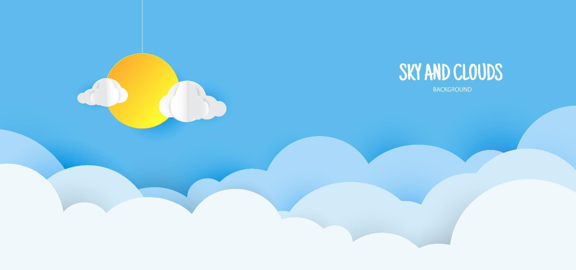 Blue sky background with clouds in paper cut style. vector