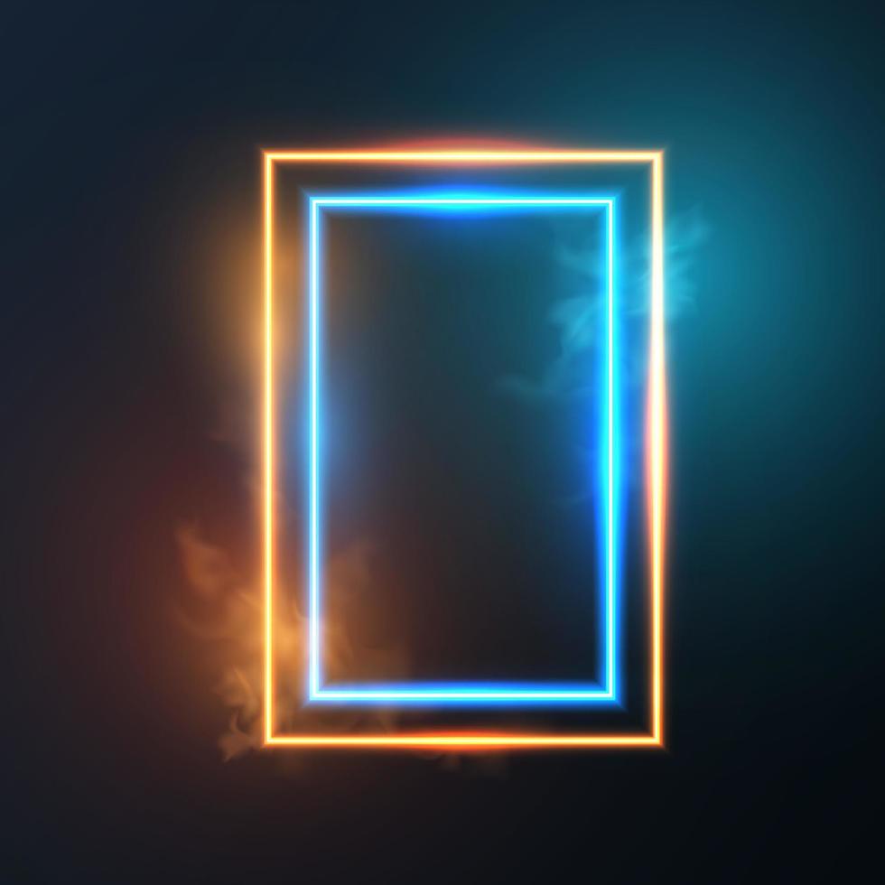 Glowing neon lighting frame with cyan and orange background. vector