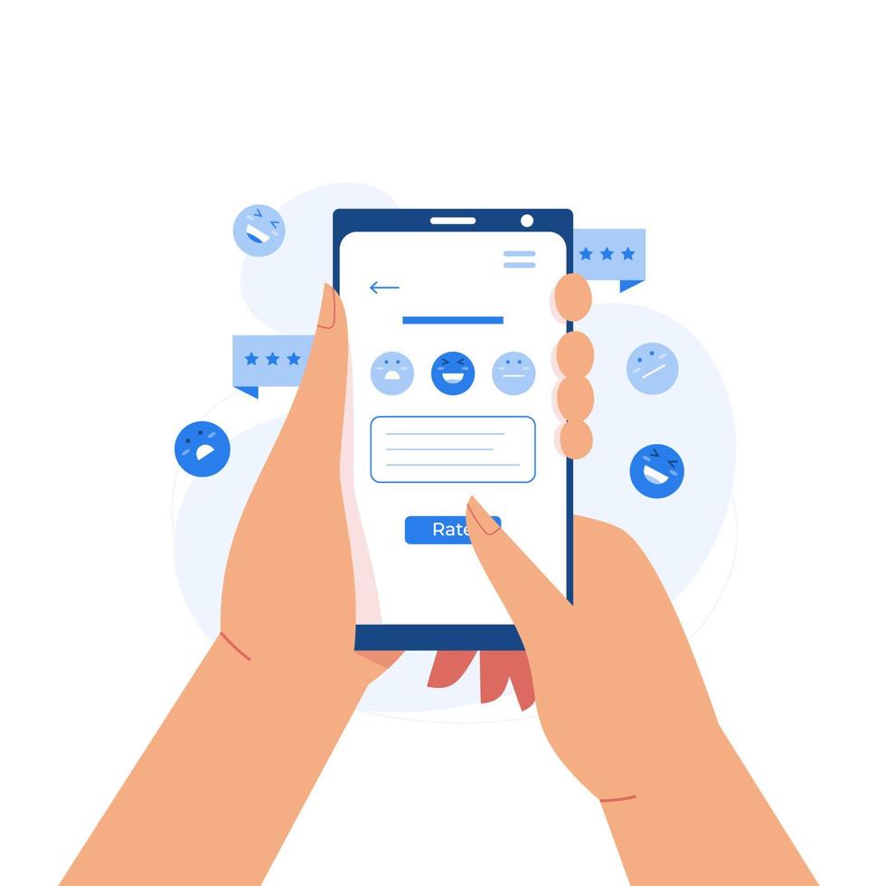 cliente enviando comentarios en el teléfono móvil, manos sosteniendo la revisión en línea del teléfono inteligente vector