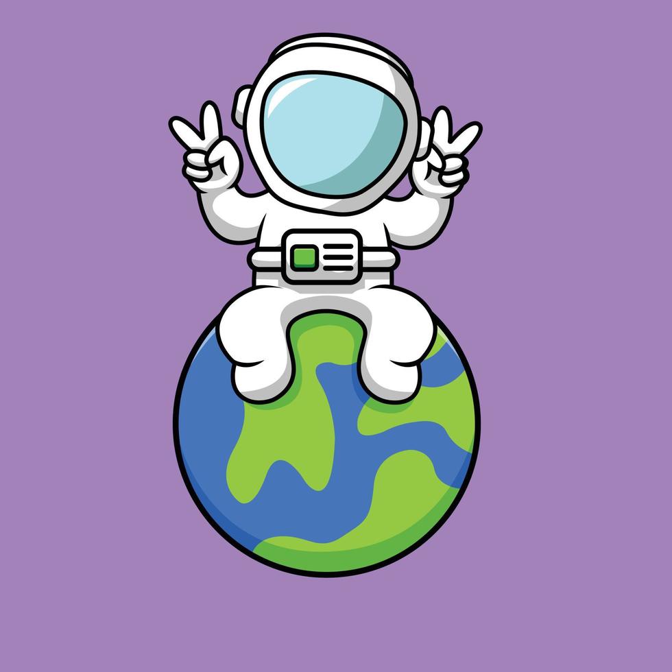 lindo astronauta sentado en el planeta con la ilustración de la mano de la paz vector