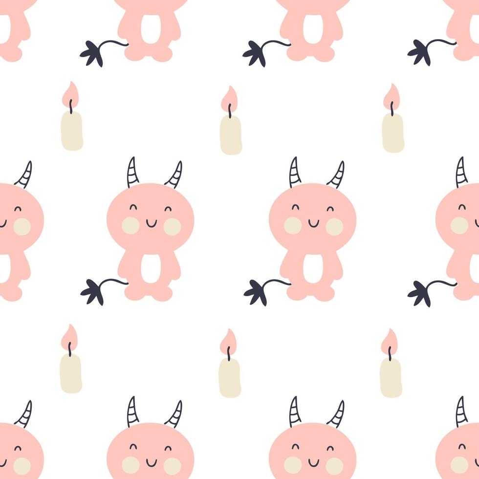 Halloween doodle seamless pattern with devils and candles. vector