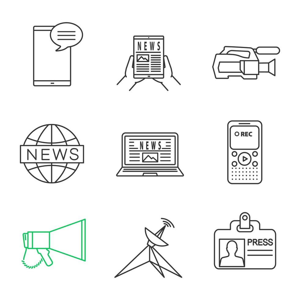 Mass media linear icons set. Chat, electronic newspaper, video camera, dictaphone, global news, satellite dish, megaphone, press ID. Thin line contour symbols. Isolated vector outline illustrations