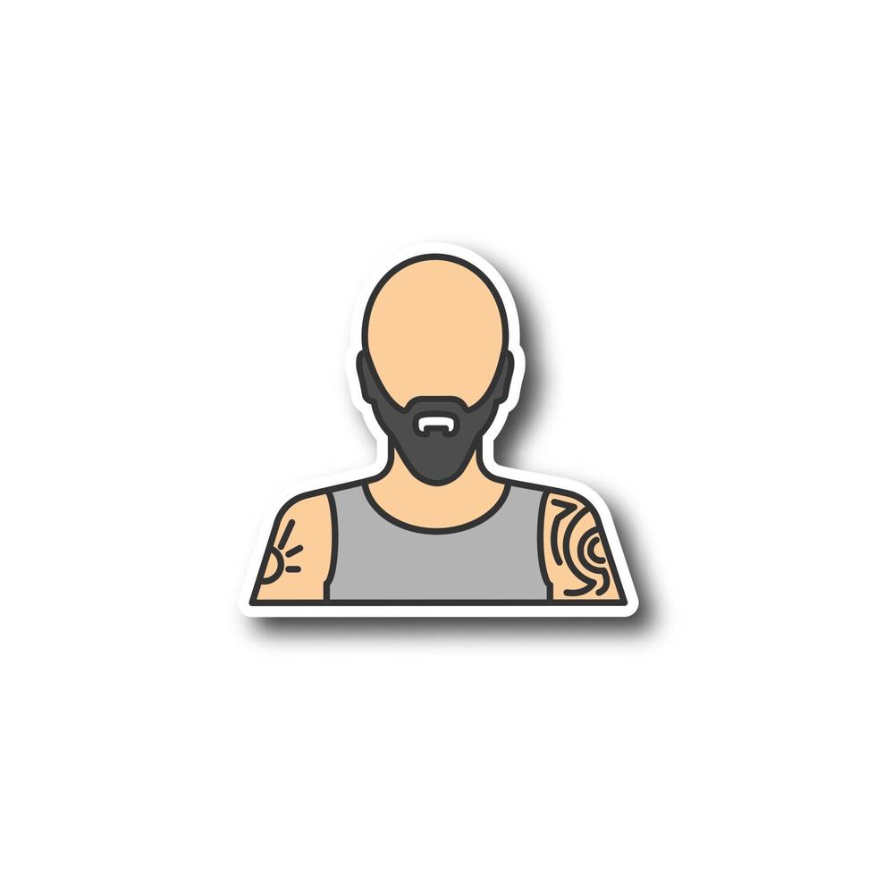 Tattoo artist patch. Tattooist. Man with tattooed body. Color sticker. Vector isolated illustration