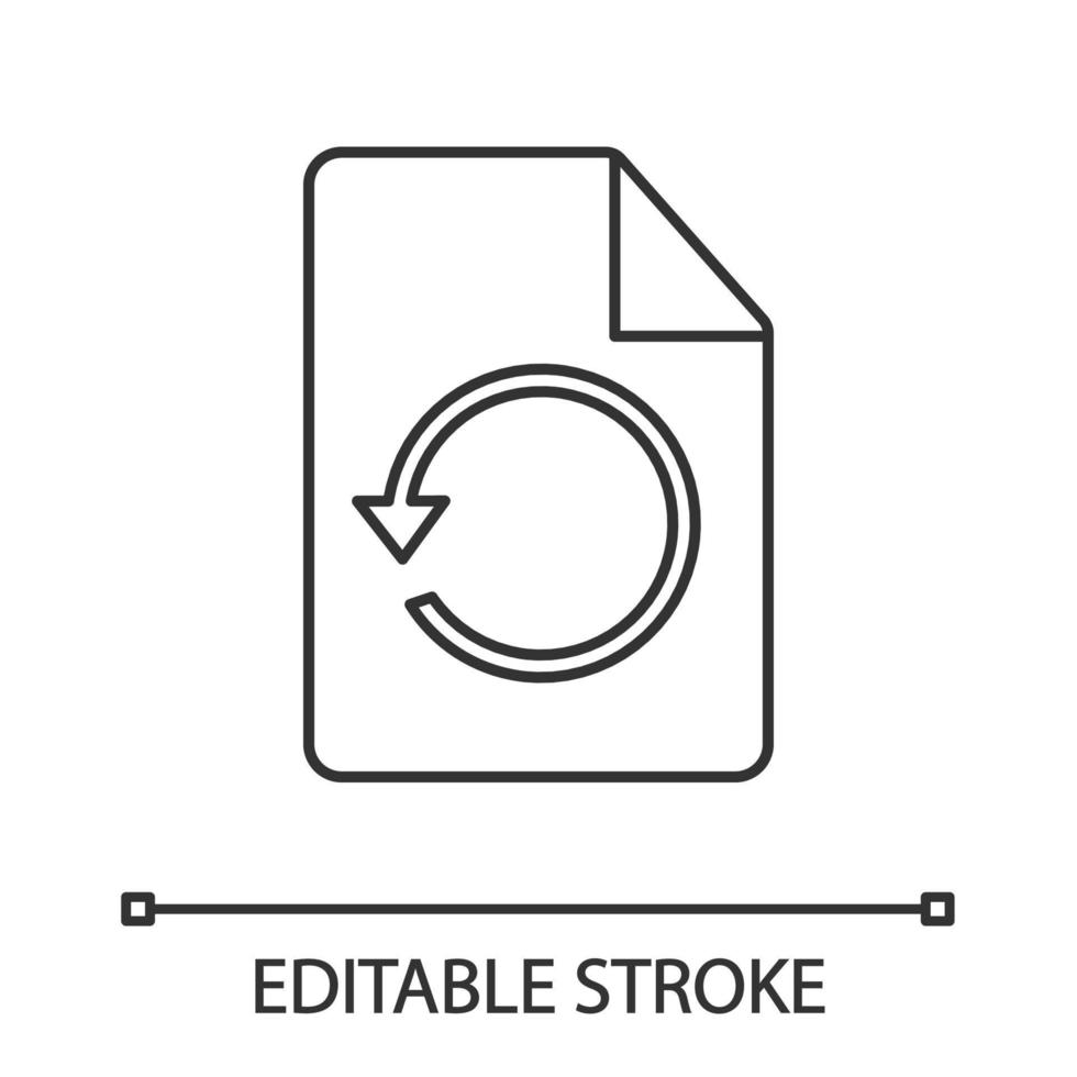 Restore page linear icon. File with reload sign. Thin line illustration. Data synchronization. Document with circle arrow. Contour symbol. Vector isolated outline drawing. Editable stroke