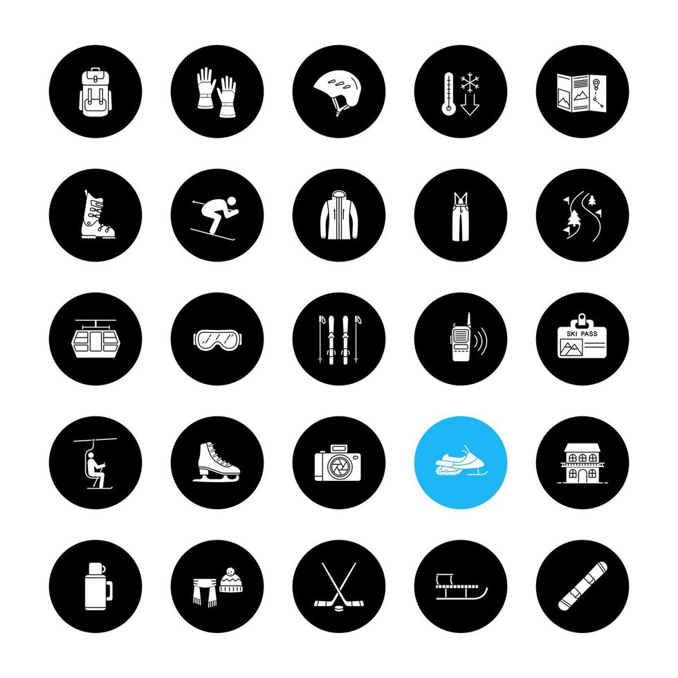 Winter activities glyph icons set. Skiing, skating, snowboarding. Sport equipment, clothes, transport, service. Vector white silhouettes illustrations in black circles