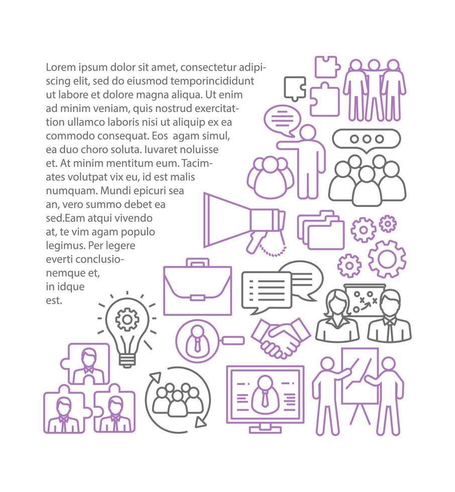 Teamwork article page vector template. Partnership. Brochure, magazine, booklet design with linear icons and text boxes. Staff management. Coworking. Leadership. Concept illustrations with text space