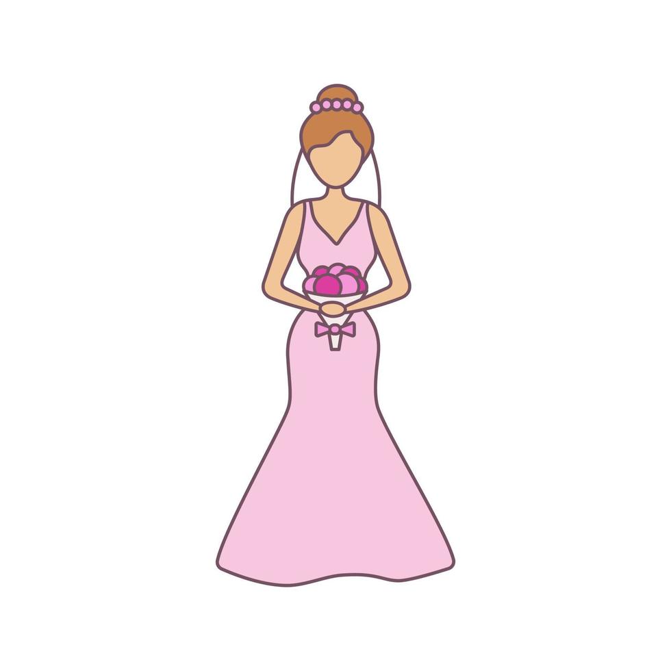 Bride color icon. Fiancee. Woman in wedding dress and bouquet. Wedding atelier. Isolated vector illustration